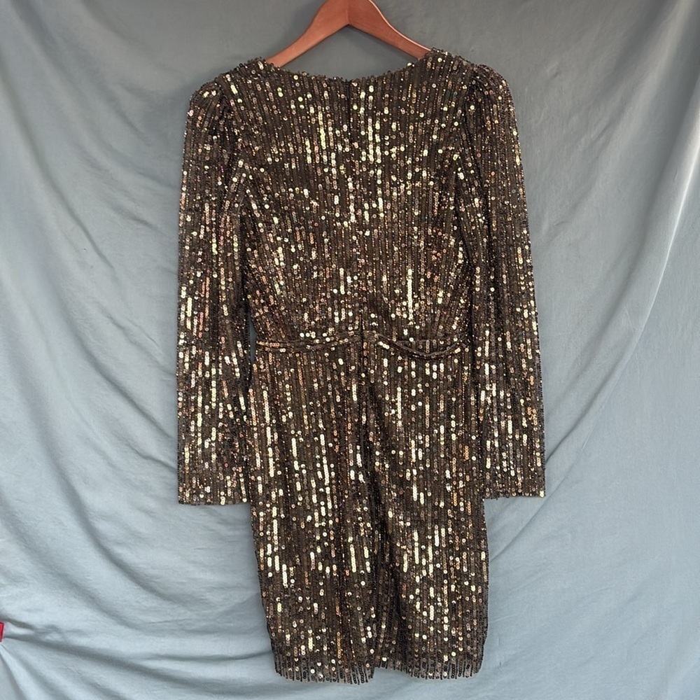NWOT Mac Duggal LONG SLEEVE SEQUINED MINI DRESS Olive Green Bling Glam Gold - Picture 3 of 9